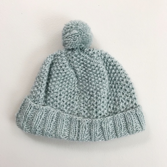 WORLD FINDS Hand Knit Wool Pom Pom Beanie Fair Trade Made In Nepal Dusty Blue - Picture 5 of 7